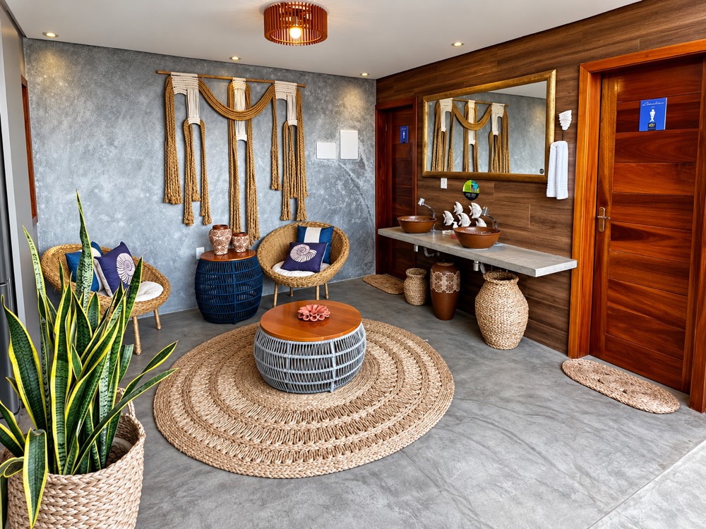 Lounge with rattan chairs, macramé wall hanging and a woven rug