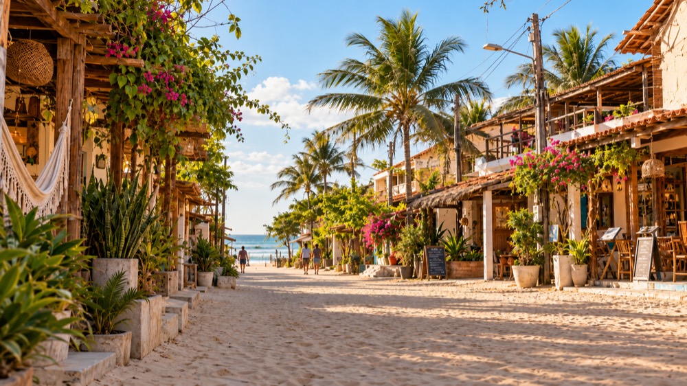 A sandy street lined with palms and shops leading to the beach in Jericoacoara