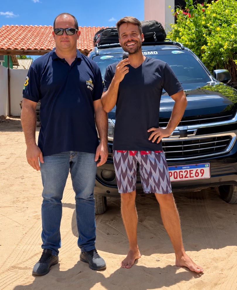 A Brazilian Brothers driver welcoming a guest next to the pickup
